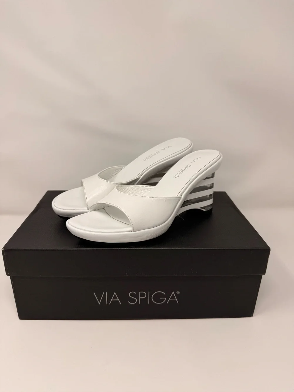 Via Spiga White Open-Toe Wedge Slide Sandals with Striped Heel